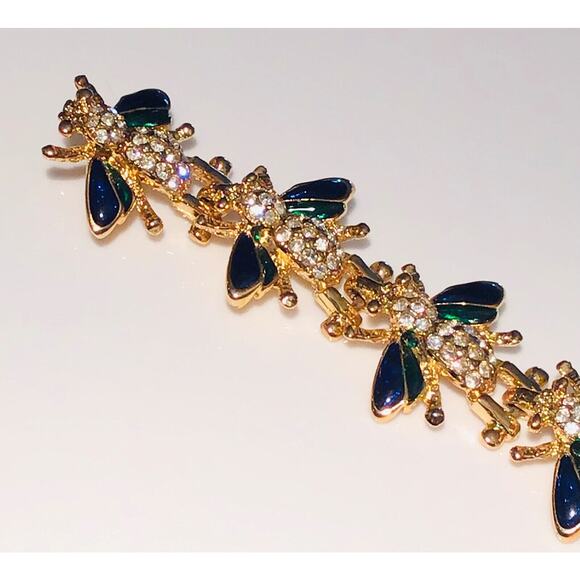 7-Bee Strand 6" Double Pin PAVE CRYSTAL BEE BROOCH Enameled Gold Plate Bees - Picture 5 of 7